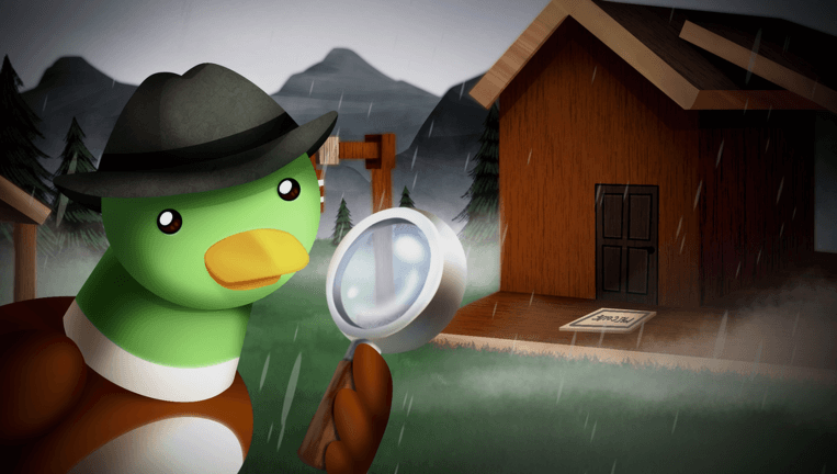 Official Detective Duck promotional artwork with a detective duck and a mysterious cabin
